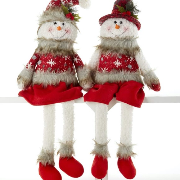 Set of 2 Mr & Mrs Snowman Sitting Dangle Legs Doll Christmas New - Picture 1 of 3